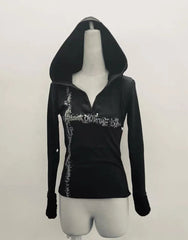 Aiertu - Y2k Aesthetic Fur Patchwork Long Sleeve T-shirt Women Gothic Punk Hooded Drawstring Tshirts Grunge Print Slim Fit Vintage Tees Aiertu
