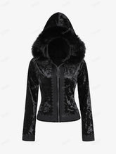Aiertu - Plus Size Gothic Fur Coats Black Full Zipper Applique Panel Fur Trim Fluffy Collar Long Sleeves Velvet Coat Outwears Aiertu