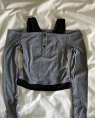 Aiertu - Harajuku New Gray Knitted Edgy Clothes Y2k Double Shoulder Long Sleeved Tank Top Women Gothic Retro Crop Tops Women Clothing Aiertu