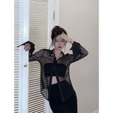 Aiertu Y2K Mesh Sheer Shirts Women Sexy Black See Through Blouses Summer Korean Fashion Aesthetic Long Sleeve Slim Chic Tops New Aiertu