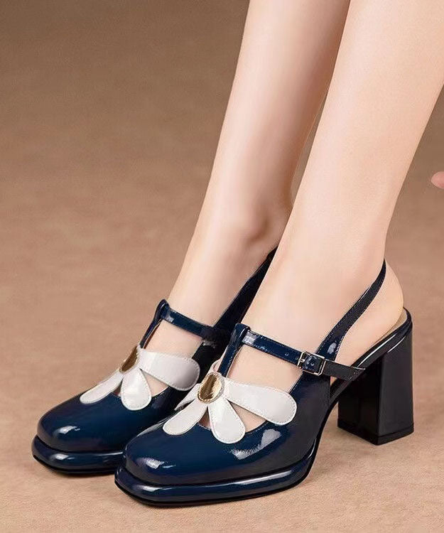 Aiertu Blue Sandals Chunky Cowhide Leather Elegant Hollow Out Floral Aiertu