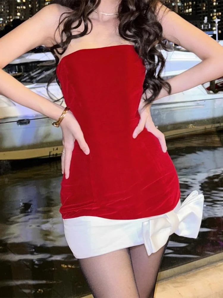 Aiertu - Women's Christmas Red Bow Dress Vintage Sleeveless Off Shoulder Mini Dresses Y2k Elegant One Piece Frocks 2000s Coquette Clothes Aiertu
