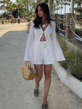 Aiertu - Chic Solid Lace Up Shorts Woman 2 Piece Set Fashion Casual Flare Sleeve Shirt Suits 2024 Spring New Female Vacation Beach Outfit Aiertu