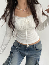 Aiertu - summer inspo Ruched Tie Lace Trim Square Collar Slim Long Sleeve White Y2K T Shirt Women Cute Japanese Kawaii Clothing Aiertu