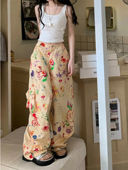 Aiertu - Streetwear Kawaii Cargo Pants Women Hip Hop Graffiti Print Harajuku Wide Leg Pants Casual Loose Y2k Trousers Summer Aiertu