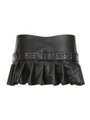 Aiertu - summer inspo Punk Gothic Zipper Split Black PU Leather Pleated Skirt With Rivet Belt Women Sexy Baddie Outfits Aiertu
