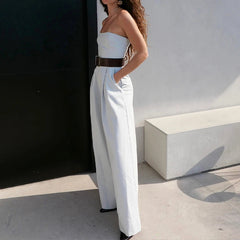 Aiertu - Temperament Women Strapless Rompers 2025 Spring Off-shoulder Backless High-waist Folds Jumpsuits Wide Leg Pants With Belted Aiertu