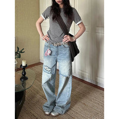 Aiertu Women Vintage High Waist Light Blue Jeans High Street Style Baggy Ripped Pants Korean Fashion Wide Leg Y2K Female Denim Trouser Aiertu