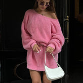 Aiertu - Faux Mink Pullover Sweater Female V-neck Reversible Autumn Winter Lanter Sleeve Loose Midi Knitted Sweater Solid Elegant Aiertu