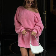 Aiertu - Faux Mink Pullover Sweater Female V-neck Reversible Autumn Winter Lanter Sleeve Loose Midi Knitted Sweater Solid Elegant Aiertu