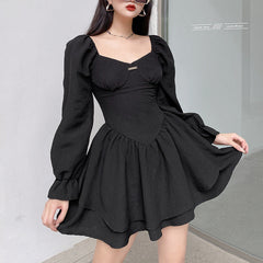 Aiertu - Temperament Square Neck Puff Long Sleeve Double Short Skirt Dress Aiertu