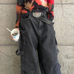 Aiertu - Gothic Fashion Women Cargo Jeans Grunge Loose Fit Pocket Denim Pants Harajuku Y2K Boyfriend Style Wide Leg Trousers Aiertu