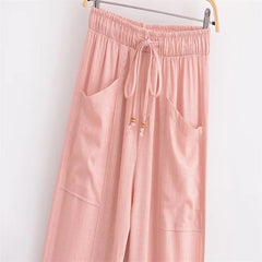 Aiertu - American hottie elastic high-waisted straight casual pants for women summer new linen blended bloomers Aiertu