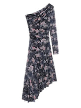 Aiertu - Women Fashion Printed Pleated Midi Dress Vintage Asymmetrical Neck One Shoulder Long Sleeve Female Chic Lady Dresses Aiertu