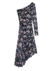 Aiertu - Women Fashion Printed Pleated Midi Dress Vintage Asymmetrical Neck One Shoulder Long Sleeve Female Chic Lady Dresses Aiertu