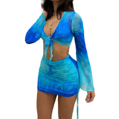 Aiertu Summer Mesh Long Sleeve Crop Top Mini Skirts Two Piece Holiday Matching Set Print Fashion Outfits See Through Y2K Bodycon Skirt Aiertu