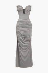 Aiertu - Solid Strapless Ruched Maxi Dress Aiertu