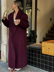 Aiertu - Fall Outfits 2026 Women Burgundy Red Padded Shoulder Coats Fashion Double Breasted Casual Lapel Outerwear New Autumn Winter Female Street Overcoat Aiertu