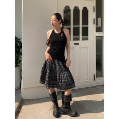 Aiertu - Vintage Plaid Mini Skirt Women Japanese Harajuku Ruffles Patchwork Black Skirts Summer High Waist Casual A Line Faldas New Aiertu