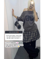 Aiertu - Spring Summer New American Spice Girl Off Shoulder Loose Short Sleeved T-shirt Trendy Letter Aesthetic Grunge Y2k Top Aiertu