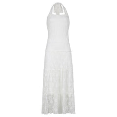 Aiertu - White Floral Lace Halter Maxi Dress Aiertu