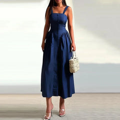Aiertu - Maxi Dress Women's Summer Casual Solid Suspender Sleeveless Nipped Waist Pleated Single Breasted Button Holiday Dresses Aiertu