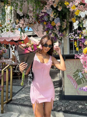 Aiertu - New Pink White Lace Patchwork Short Dress For Women's Clothing Ruffle Square Collar Vacation Beach Summer Knit Slip Dress Aiertu