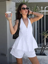 Aiertu - Cotton Linen Tank Top Shorts Sets Women's White Single Breasted Halter Ruffles Vest Wide Leg Shorts Suits Summer Commute Chic Aiertu
