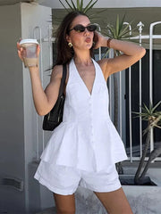 Aiertu - Cotton Linen Tank Top Shorts Sets Women's White Single Breasted Halter Ruffles Vest Wide Leg Shorts Suits Summer Commute Chic Aiertu