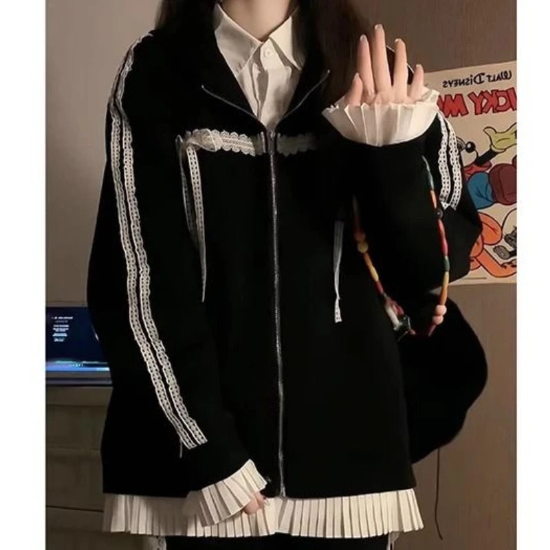 Aiertu - Japan Preppy Style Office Lady Patchwork Lace Appliques Coats Harajuku American Vintage Y2k 2000s Sweatshirts Punk Loose Clothes Aiertu