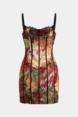 Aiertu - Floral Jacquard Patchwork Sleeveless Slip Bustier Mini Dress Aiertu