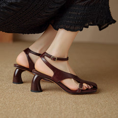 Aiertu NEW Summer Women Sandals Split Leather Shoes for Women Square Toe Kitten Heel Shoe Narrow Band Bcukle Strap Shoes Modern Sandals Aiertu