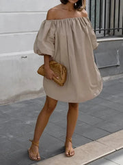 Aiertu - Sexy Slash Neck Off Shoulder Khaki Short Dress High Street Fashion Casual Woman Clothing Summer Puff Sleeve Solid Party Dresses Aiertu