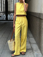 Aiertu - Solid Tank Tops Two-piece Set Summer New O Neck Sleeveless Cropped Top+Wide Leg Trouser Suits Simple Casual Chic Pants Sets 2025 Aiertu