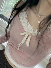 Aiertu - summer inspo Sweet Y2K Lace Contrast Patchwork Slim Long Sleeve Pink T Shirt Women 2000s Cute Kawaii Clothes Aiertu