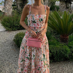 Aiertu - Floral Print High Waist Long Dress Summer Hollow Out Sleeveless Garden Party Dress Sexy Off Shoulder Suspender Beach Dress Aiertu