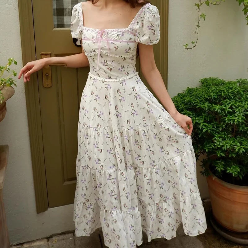 Aiertu - Elegant Women Floral Print Holiday Party Long Dresses Vintage Puff Sleeve Square Neck A-line Summer Dress Maxi Robe 2025 Aiertu