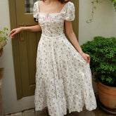 Aiertu - Elegant Women Floral Print Holiday Party Long Dresses Vintage Puff Sleeve Square Neck A-line Summer Dress Maxi Robe 2025 Aiertu
