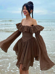 Aiertu Elegant Chiffon Corset Dress Brown Flare Long Sleeve Mini Dresses Vacation Short Party Dress Ruffles Slash Neck Outfit Aiertu