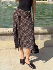 Aiertu - Vintage Plaid Lace-up Midi Skirt Women Summer New Buttons High Waist Split A-line Long Skirts Streetwear Fashion Casual Jupe Aiertu