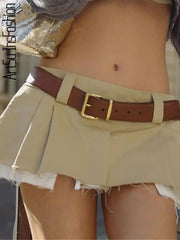 Aiertu - Khaki Mini Skirt Pleated Women Summer Low Waist Skirt Fashion Tassels Micro Short Skirt Female Bottoms Sexy Skirts Ladies Aiertu
