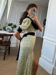 Aiertu - Elegant Doll Collar Puff Sleeve Long Dress Woman Sweet Floral Print Split Skirt With Lace Up Belt Fashion Party Commute Dresses Aiertu