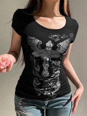 Aiertu - Gothic Print Black Short Sleeve T-shirt Women Chic Hollow Out Backless O-neck Tee Shirts Summer Streetwear y2k T Shirts Aiertu