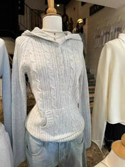 Aiertu - Gray Twisted Hooded Sweater Women Winter New Buttons Long Sleeve Pocket Slim Jumper Simple Casual Preppy Style Knitted Pullovers Aiertu