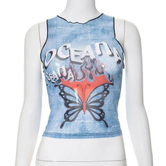 Aiertu - Round Neck Sleeveless Butterfly Print Backless Edible Tree Fungus Crop Tank Top Fashion Spicy Girls Summer Streetwear Aiertu