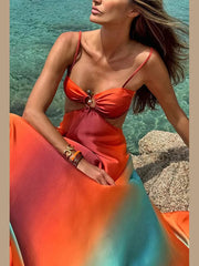 Aiertu - Fashion Panelled Dress Women Hollow Out Sling Backless A-line Floor-length Dresses Female 2025 Spring Summer Vacation Lady Robe Aiertu