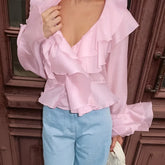 Aiertu Summer Ruffle Short Tshirts Ladies 2025 Fashion V Neck Long Sleeve Shirts Party Casual Vacation Pink Top Women's Clothes Aiertu