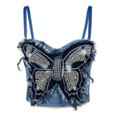 Aiertu - Vintage Butterfly Patchwork Denim Bralet with Fishbones Unique Beads Crystal Bralette Underwear Women Lingerie Bras Corset Aiertu