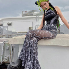 Aiertu - Mesh Printed Y2k Pants Women See Through Loose High Waist Casual Long Pant Summer Street Fashion Bottoms For Woman Aiertu