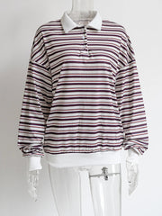 Aiertu - Striped Contrast Long Sleeve T-shirt Women Buttons Turndown Collar Loose T Shirt 2025 Spring New Streetwear Vintage Casual Tees Aiertu